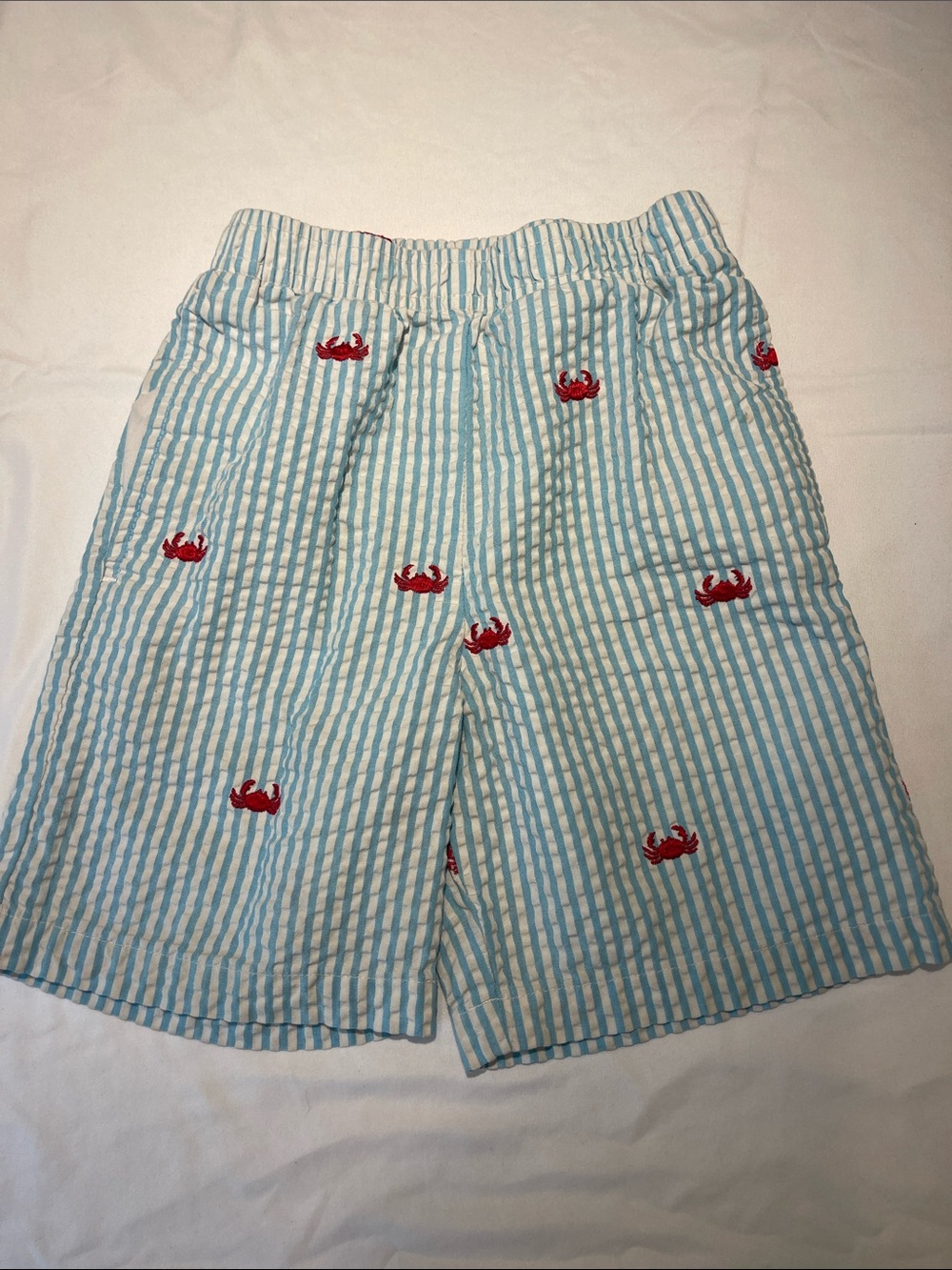 Kelly's Kids Blue & White Striped Shorts with Red Crab Embroidery